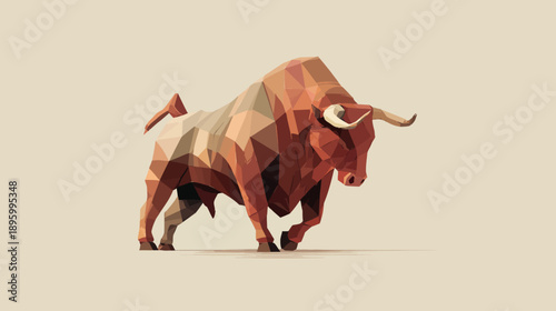 Low-poly illustration of a bull charging forward with textured brown shading on a beige background