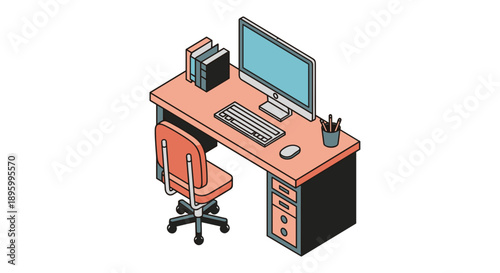 Modern Office Workspace with Computer and Chair.