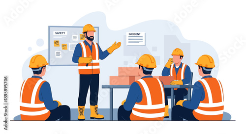 Construction worker giving safety training to a team.