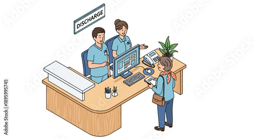 Office Workers Discussing at Reception Desk.