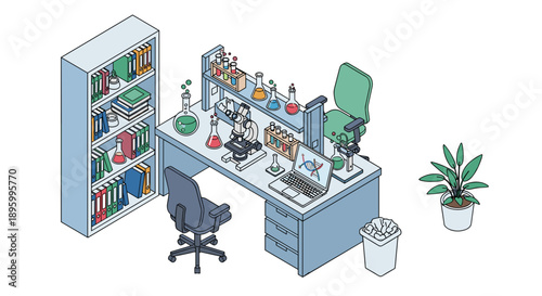 Modern Office Desk with Computer and Bookshelf.