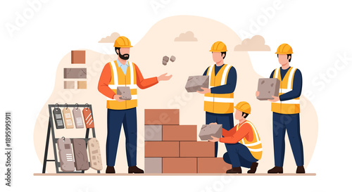 Construction workers building a brick wall together on a site.