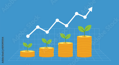 Concept of financial growth and investment featuring stacks of gold coins with growing plants and a trending upward arrow on blue background.