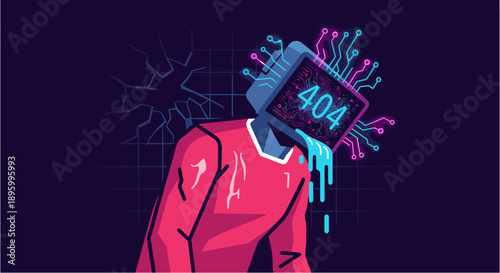 A digital illustration depicting a person with a retro computer monitor for a head displaying a '404' error, symbolizing a system crash or data not found, with circuit board elements and a glitch