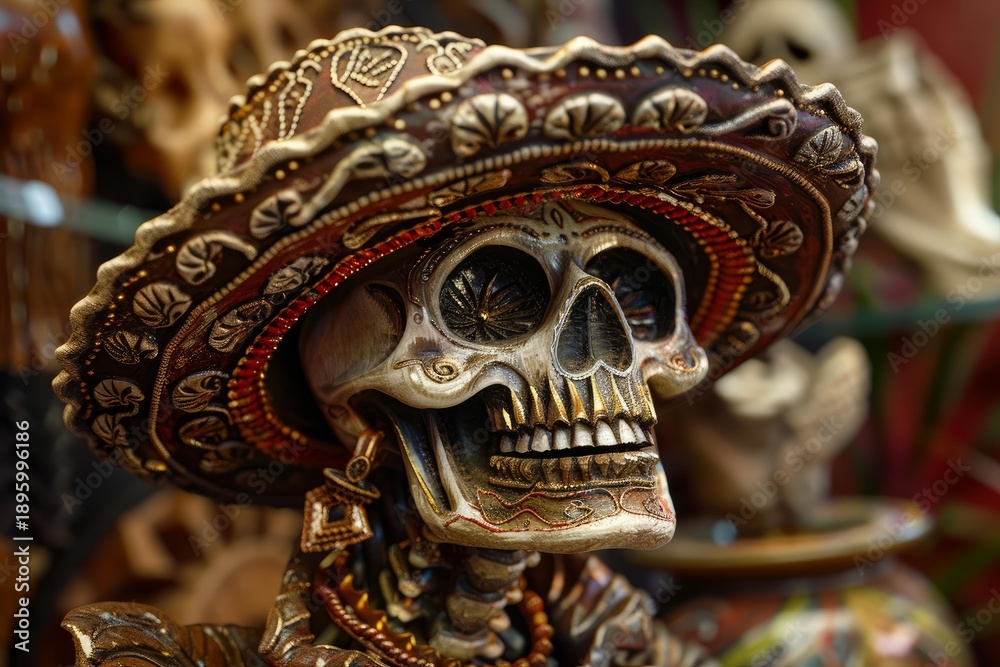 Obraz premium Close up of a decorative catrina skull wearing a traditional sombrero, celebrating the day of the dead