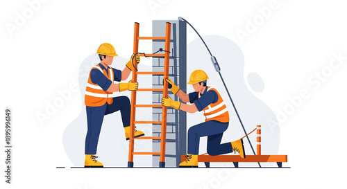 Construction workers building a wall together on a site.