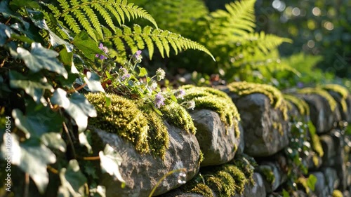 Sunlit view of a moss-covered stone wall, ferns and small purple flowers adding vibrant contrast
