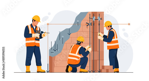 Construction workers building a wall with tools and materials.