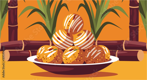 Vibrant illustration of traditional Indian sweets, ladoo and jalebi, artfully arranged on a plate with sugarcane stalks in the background, symbolizing natural sweetness and cultural heritage.