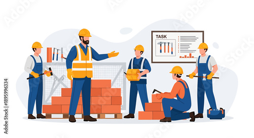 Construction workers collaborating on a building site project.