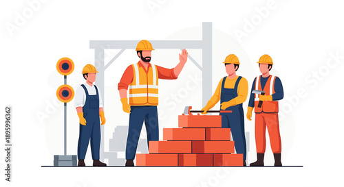 Construction workers collaborating on a building site project.