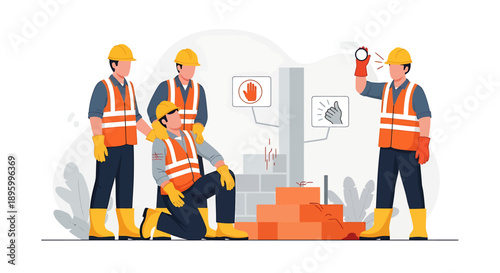 Construction workers collaborating on a building site project.