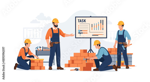 Construction workers collaborating on a project presentation.