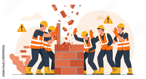 Construction workers demolishing a brick wall with tools and safety gear.