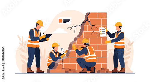 Construction workers repairing damaged brick wall with tools and safety gear.