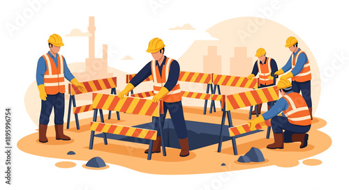 Construction Workers Setting Up Safety Barriers at a Site.
