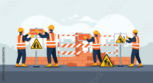 Construction workers setting up safety signs and barriers.