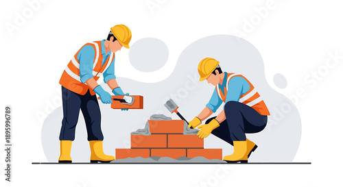 Two construction workers building a brick wall together.