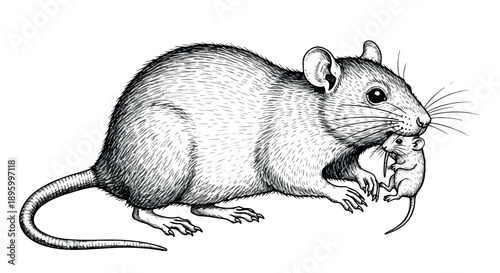 Detailed illustration of a large mouse holding a smaller mouse in its mouth on a white background with a monochromatic color scheme.