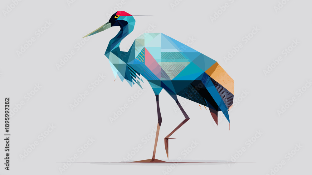Fototapeta premium A geometric illustration of a crane bird, composed of colorful triangular shapes on a gray background