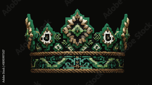 Rendered stylized crown, emerald and gold, rendered with horizontal lines on black background