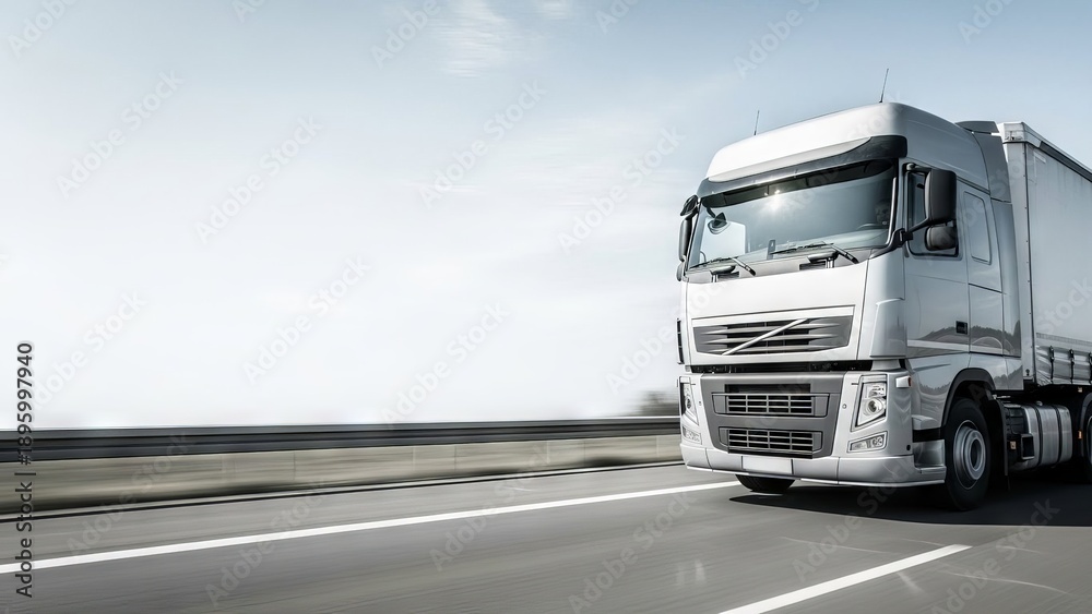 Fototapeta premium White Commercial Truck Driving Fast on a Highway Under a Bright Sky