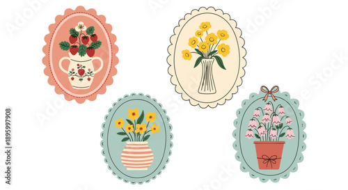 Adorable set of four floral vase stickers in scalloped oval frames with charming hand drawn strawberry and flower designs.