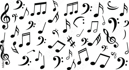 Abstract arrangement of musical symbols with treble and bass clefs, sharp signs, notes, rests, artistic scattered composition, decorative music illustration