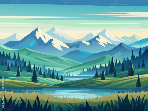 A serene landscape featuring majestic mountains lush forests and a tranquil lake
