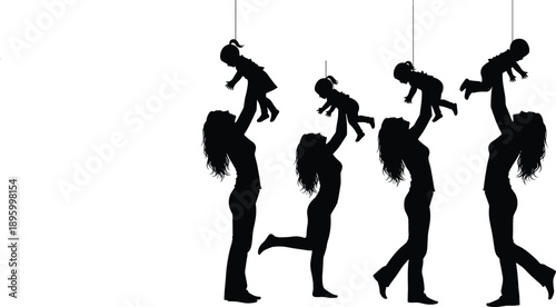 Vector, black, silhouettes, of, mothers, lifting, and, playing, with, their, happy, young, children, and, toddlers, representing, maternal, bonding, motherhood, parenting, love, and, family, joy