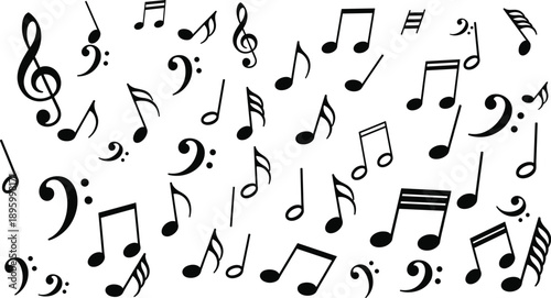 Abstract arrangement of musical symbols including treble and bass clefs, notes, rests, artistic scattered composition, decorative music illustration, creative notation design