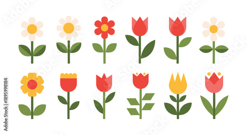 Set of simple minimalist geometric flower icons with straight stems and clean shapes in red yellow and white.