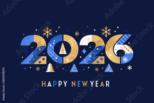 Stylized new year 2026 celebration graphic with snowflakes and trees