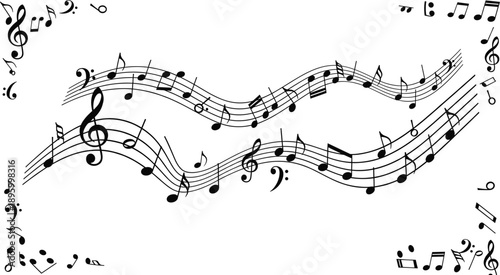 Flowing musical notes and symbols arranged in artistic staves, featuring treble and bass clefs, whimsical design, decorative music illustration