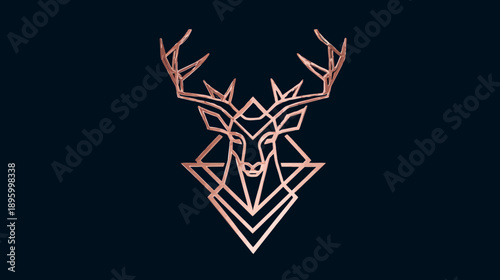 Geometric illustration of a stag head with antlers in rose gold against a dark background