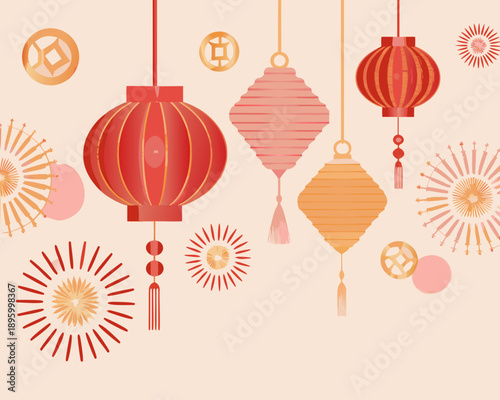 Festive chinese lanterns and decorations on a soft peach background