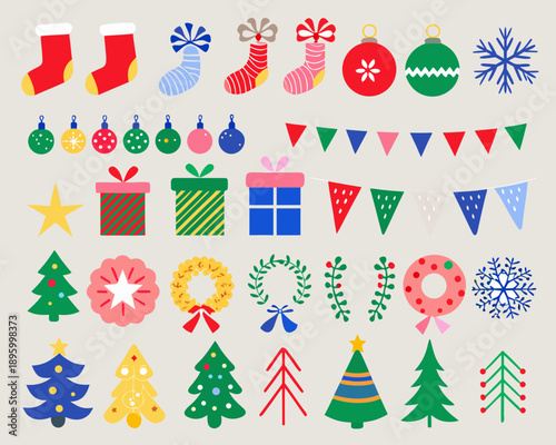 Festive christmas decorations including socks trees and ornaments