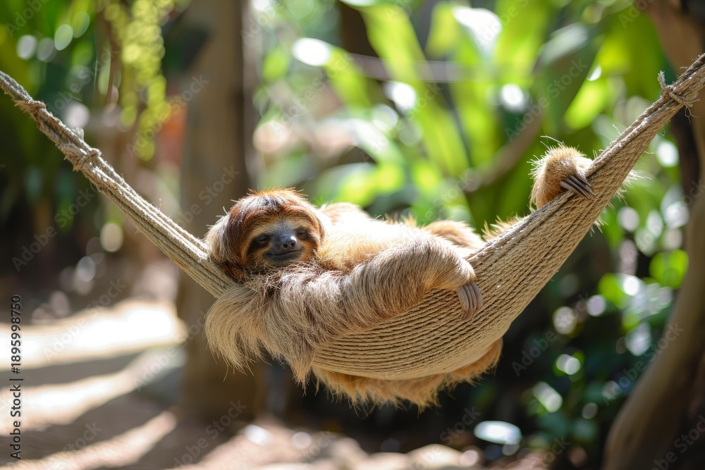 Fototapeta premium Happy sloth resting in hammock, enjoying the tranquility of a lush tropical jungle environment