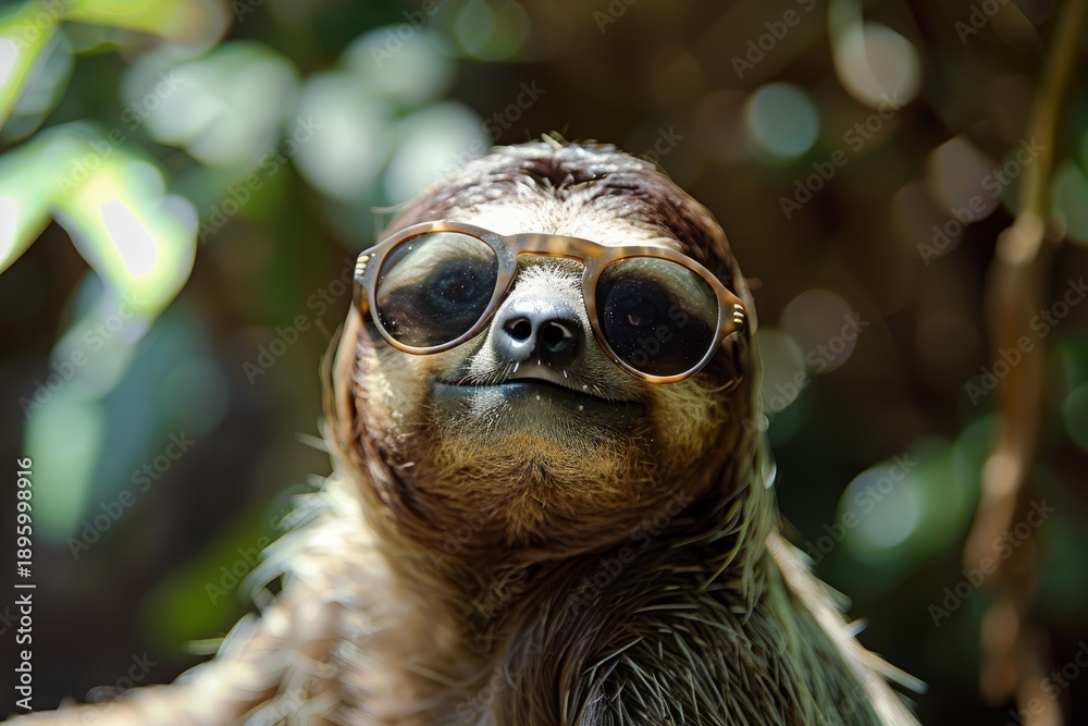 Fototapeta premium Funny smiling sloth wearing sunglasses in the jungle, enjoying the sun