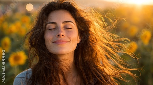 In a sunny field of sunflowers, a contemplative woman stands, radiating peace and beauty