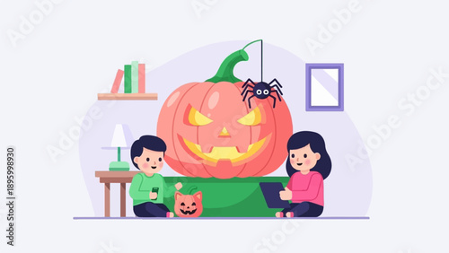 Two children enjoy Halloween by a giant carved pumpkin and a hanging spider