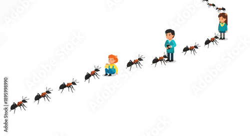 Two children observe a line of ants marching across a white surface