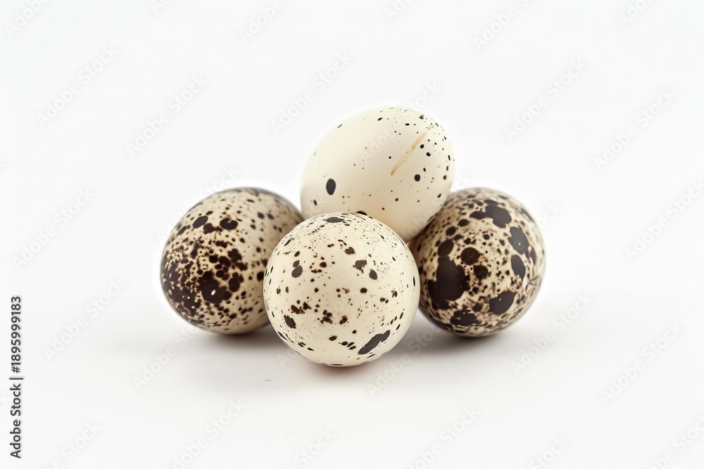 Fototapeta premium Quail eggs forming a small pyramid on a white background