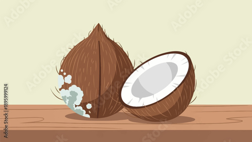 Two coconuts, one whole with mold, halved revealing white flesh