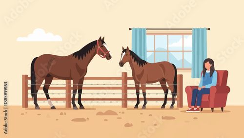 Two horses stand in a corral, with a person sitting in a chair indoors