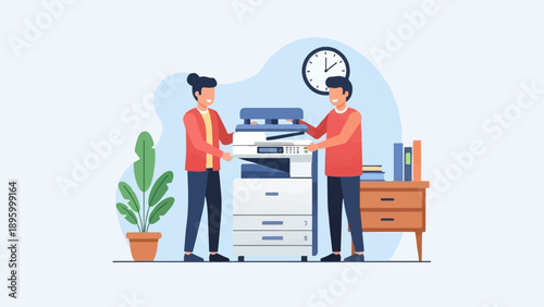 Two colleagues assist each other using a modern office copier and desk