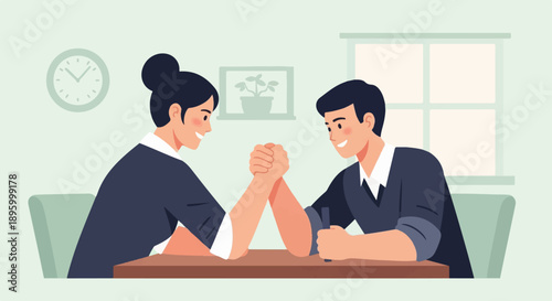 Two colleagues arm wrestling across a table, competition