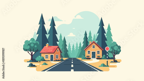 Two houses flank a road disappearing into a pine forest