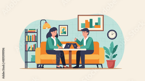 Two colleagues in a casual office setting discuss work on laptops on a couch