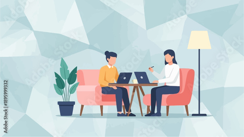 Two individuals work on laptops in a cozy setting with pink chairs and a plant